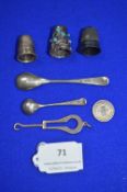 Silver Thimbles, Mustard Spoons, Button Hook, etc. ~31g gross