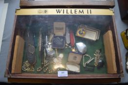 Willem II Cigar Display Case Containing Collectible Items, Costume Jewellery, Penknives, etc.