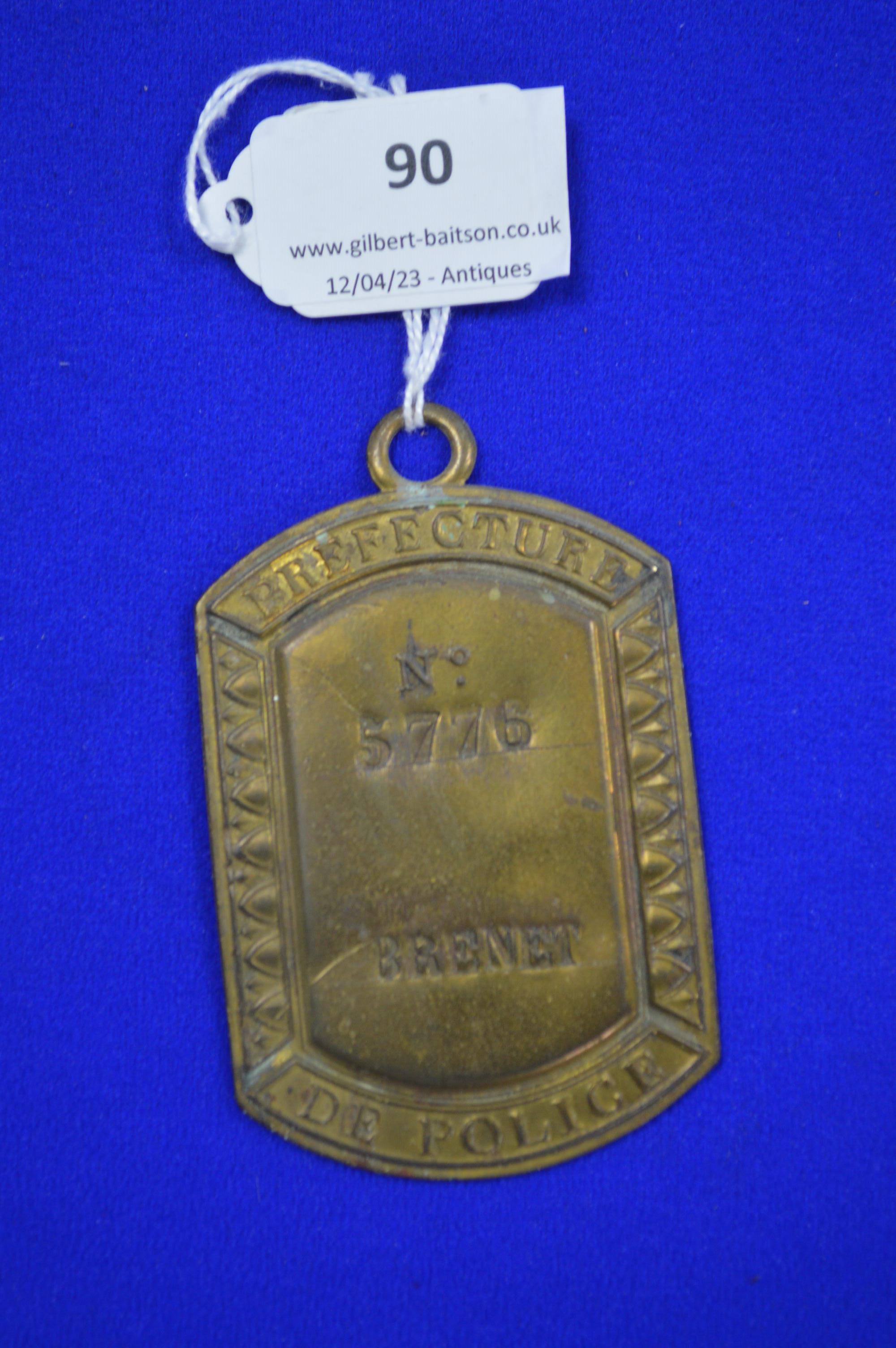 French Prefecture de Police Brass Policeman's Badge