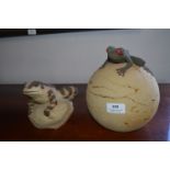 Studio Pottery Lidded Pot with Frog by E. Moore plus Frog on a Rock