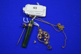 Unmarked Gold Victorian Pendant with Amethyst ~3.78g gross plus Jade Bar Brooch & 9k Gold Chain