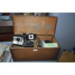 Wooden Box Containing Vintage Cameras