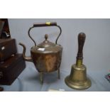 Victorian Copper Kettle and Stand plus Brass School Bell