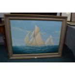 Framed Oil on Canvas Yacht Racing Scene "Vigilance Defeats Valkyrie II" by Bryan Mays