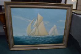 Framed Oil on Canvas Yacht Racing Scene "Vigilance Defeats Valkyrie II" by Bryan Mays