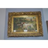 Gilt Framed Oil on Canvas "Gun Dogs" by H.A. Tate 1903