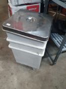 * 3 x plastic bin on castors with 1 lid