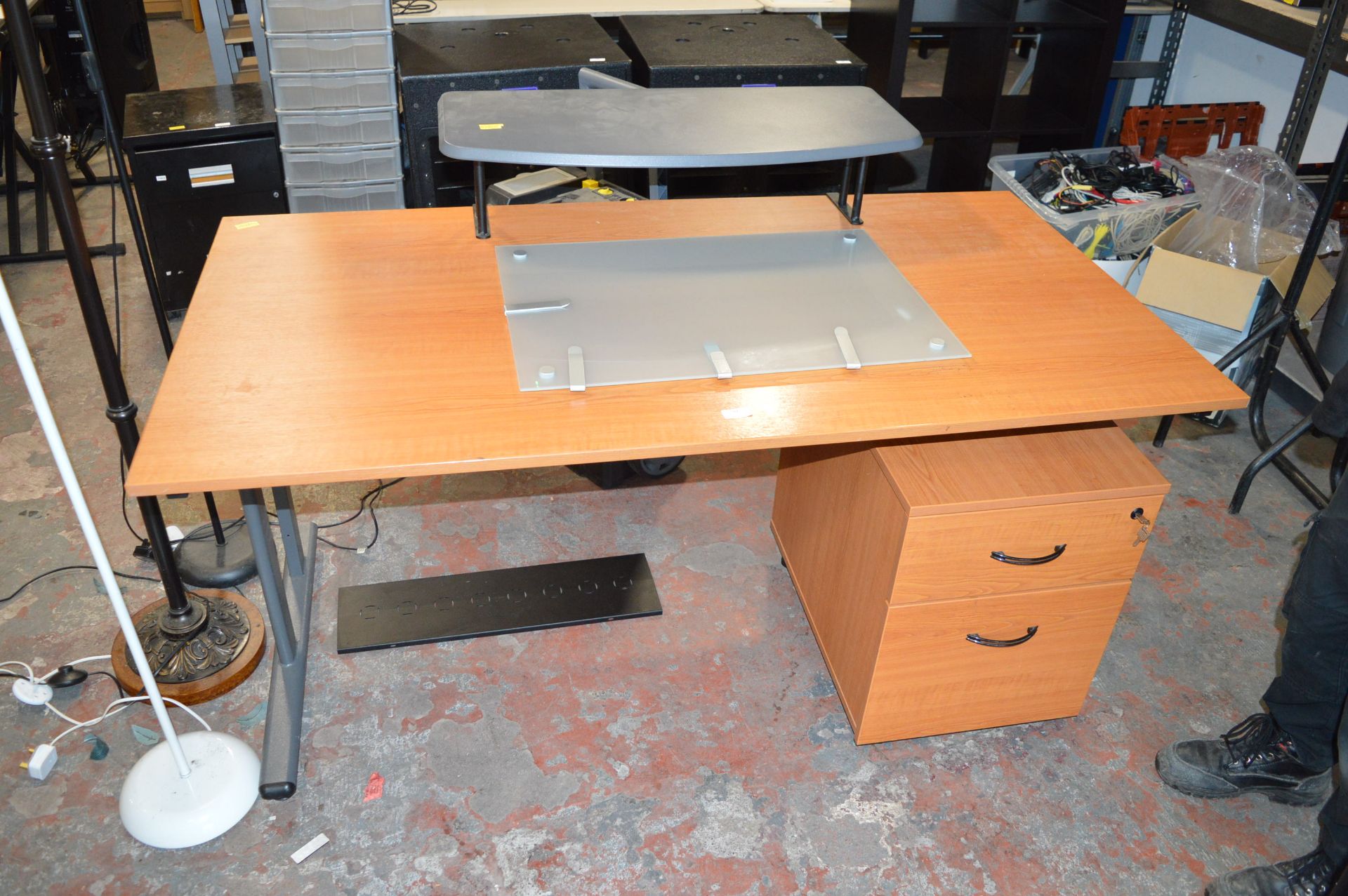 *Office Desk with Two Drawer Filing Cabinet and Shelf, and a Glass Picture Frame