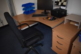 *Curved Desk, Three Drawer Pedestal, Footstool, Desk Tidy, and an Office Chair