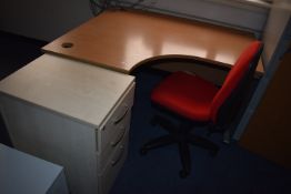 *Curved Desk, Three Drawer Pedestal, and an Office Chair etc.