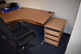 *Curved Desk, Three Drawer Pedestal on Castors, and an Office Chair