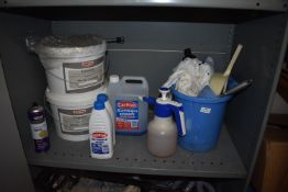 Contents of Shelf to Include Mop Bucket, Watco Flowpatch Mortier Coulable, Carplan Deionised