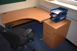 *Curved Desk, Three Drawer Pedestal on Castors, and an Office Chair etc.