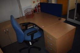 *Curved Desk, Three Drawer Pedestal, and an Office Chair etc.