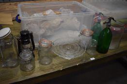 Plastic Storage Box Containing Glass Cake Stands, Kilner Jars, LED Hurricane Lamps, Vintage Soda Sip