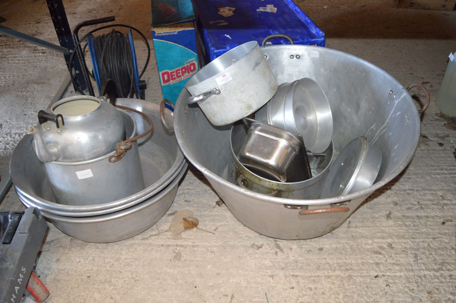 One 40cm and Three 30cm Aluminium Pots, and Variou