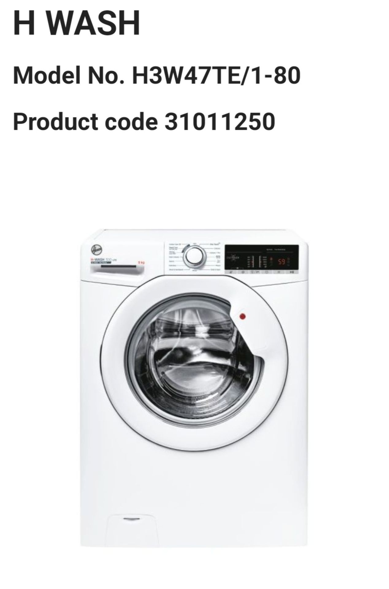 * Hoover freestanding washing machine H3W47TE/1-80 RRP £300 - Image 2 of 2