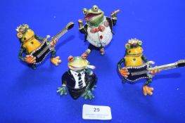 Two Enameled Frog Guitarists and Two Frogs Smoking