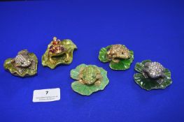 Five Enameled Frog on a Lily Pad Trinket Boxes