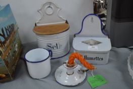 Vintage French Enamel Matchboxes, Selt, Mug, and Candlestick