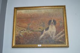 Gilt Framed Oil on Canvas Hunting Dog Scene by J.