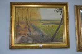 Gilt Framed Oil on Canvas Hunting Scene by J. Darl