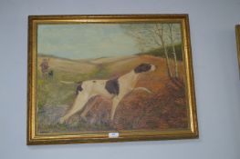 Gilt Framed Oil on Canvas Hunting Dog Scene by J.