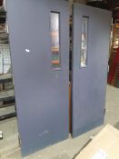 *pair of heavy duty fire doors with glass panels each with 4 heavy duty swing hinges. 770w x 1984h x