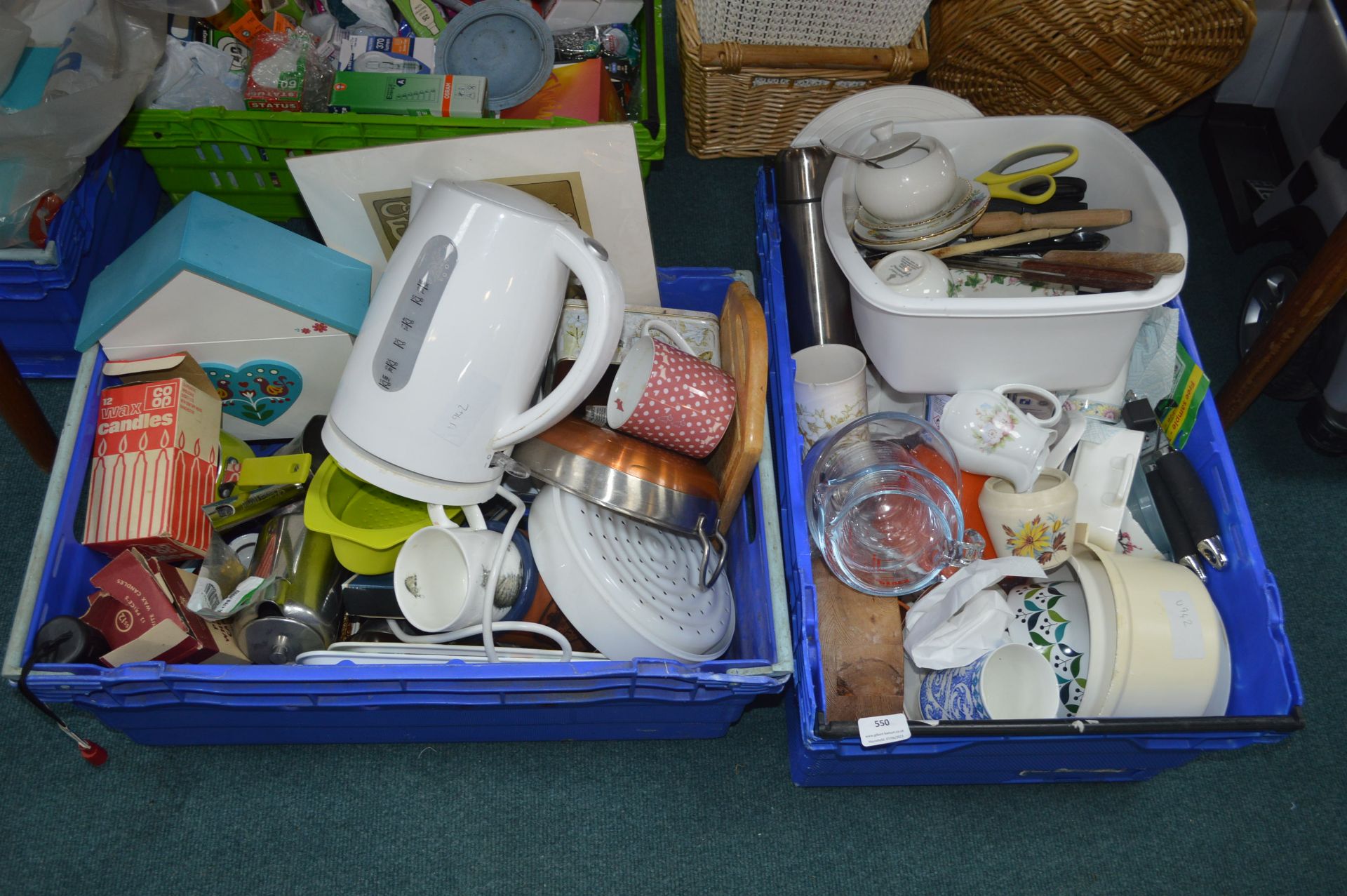 Two Boxes of Kitchenware, Pottery, Utensils, etc.