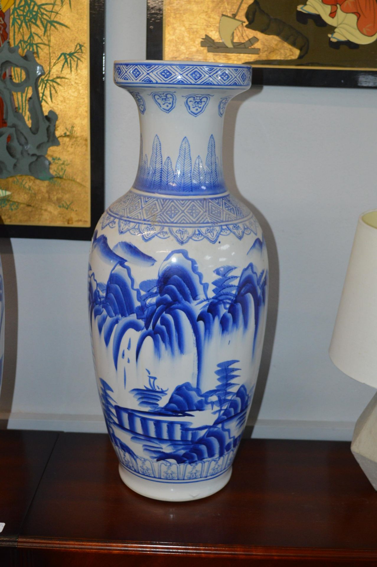 pair of Large Blue & White Eastern Style vase (one - Image 2 of 4