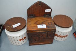 French Wooden Wall Salt Box plus Hornsea Pottery