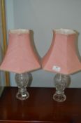 Pair of Cut Glass Table Lamps with Pink Shades