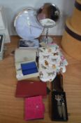 Leather Purses, Clock, Mirror, Oven Gloves, etc.