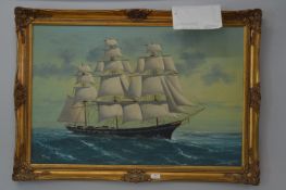 Oil on Canvas Marine Painting of a Square Rigged S
