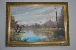 Oil on Canvas Lakeside Scene by Stanley Dollimore