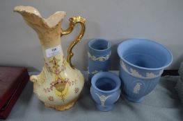 Three Wedgwood jasper Ware vases plus a Crown Devo