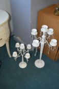 Two White Metal Candelabra with Drops