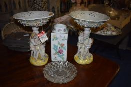 *Oriental Square Vase, Pair of Potpourri, and a Heavy Cut Glass Ashtray (with faults)
