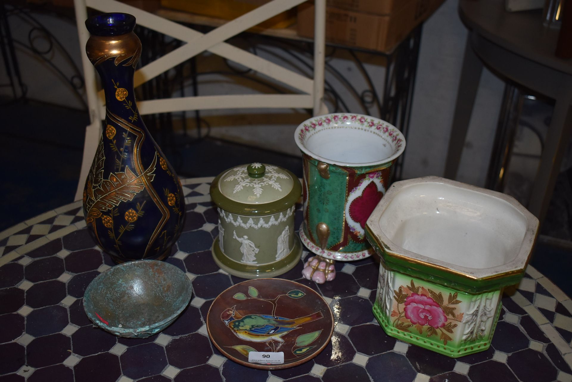*Assorted Pottery, Bronze Bowl, and Glassware