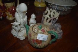 *Carved Soapstone Figure, Oriental Teapot, etc.