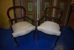 *Pair of Hardwood Framed Ballon Back Carver Chairs with Upholstered Seats