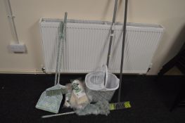 *Mop Bucket, Brush, Duster, Five New Steel Clip Mop Heads Size: 18, and a Scoop & Brush