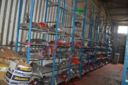 *Ten Bays of Racking 11x 390cm Towers, Each Bay ~1m Wide with 5 Shelves, (contents not included,