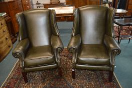Pair of Chesterfield Green Leather Wingback Armchairs