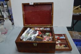 Victorian Walnut Veneered Sewing Box and Accessories