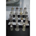 Fifteen Decorative Glass Sugar Castors with EPNS Tops