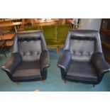 Pair of 1960's Wingback Black Leatherette Armchairs by Cornwell Norton