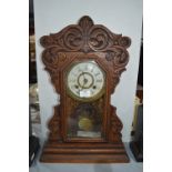 New Haven Gingerbread Carved Eight Day Mantel Clock in Working Condition with Key & Pendulum