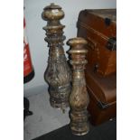 Two Carved Wooden Newel Posts