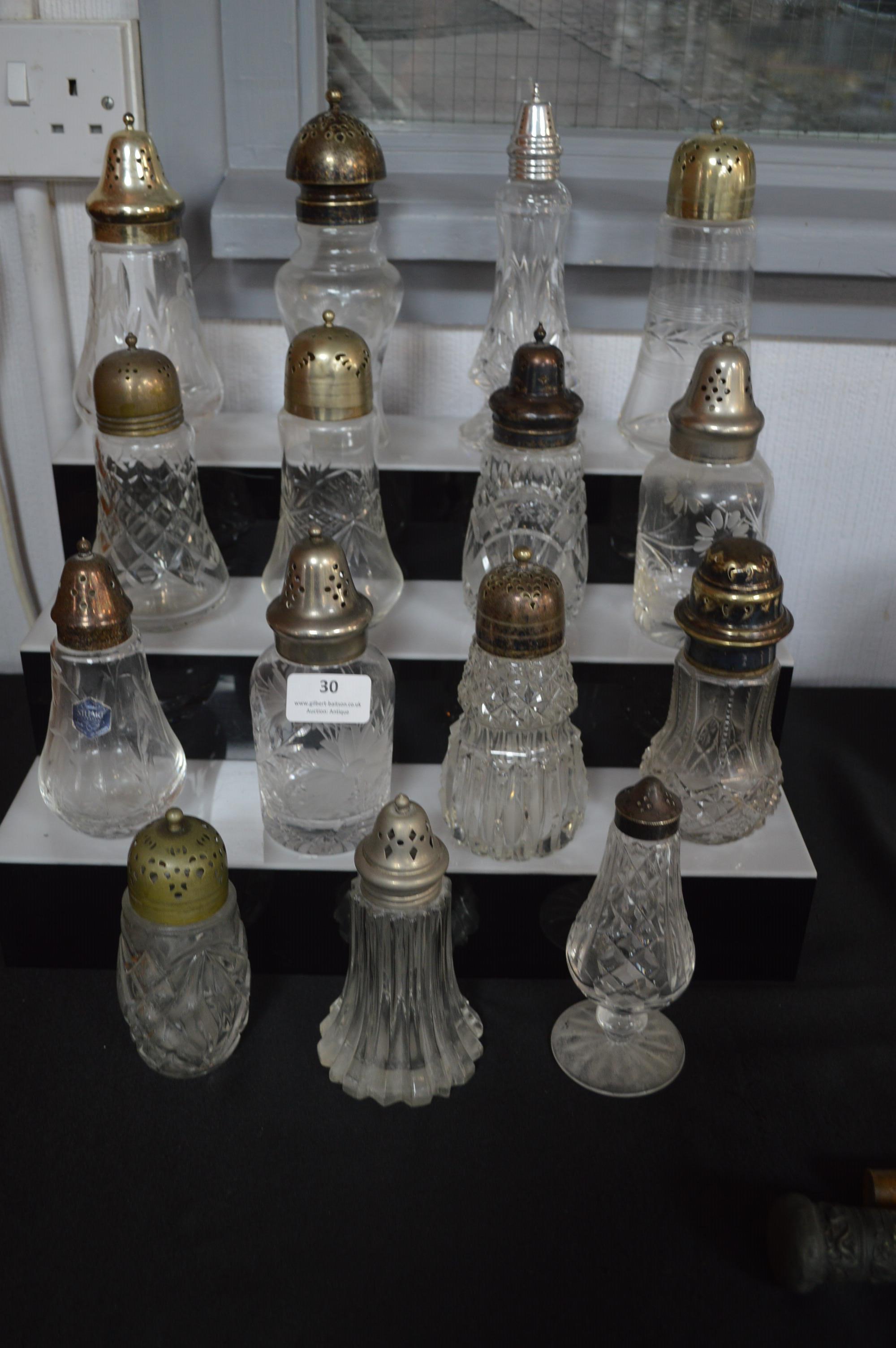 Fifteen Decorative Glass Sugar Shakers with EPNS Tops - Image 2 of 2